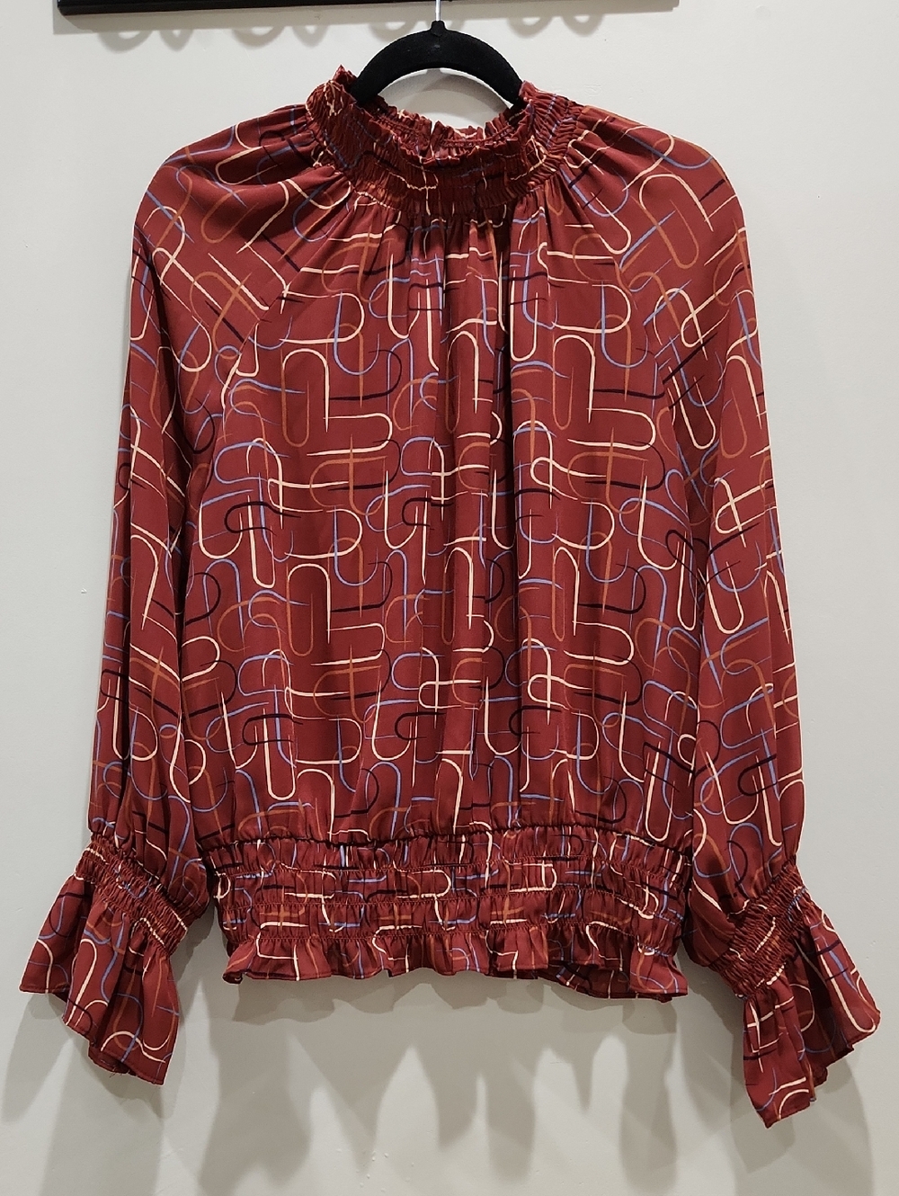 Worthington Rust Geometric Smocked-Neck Blouse